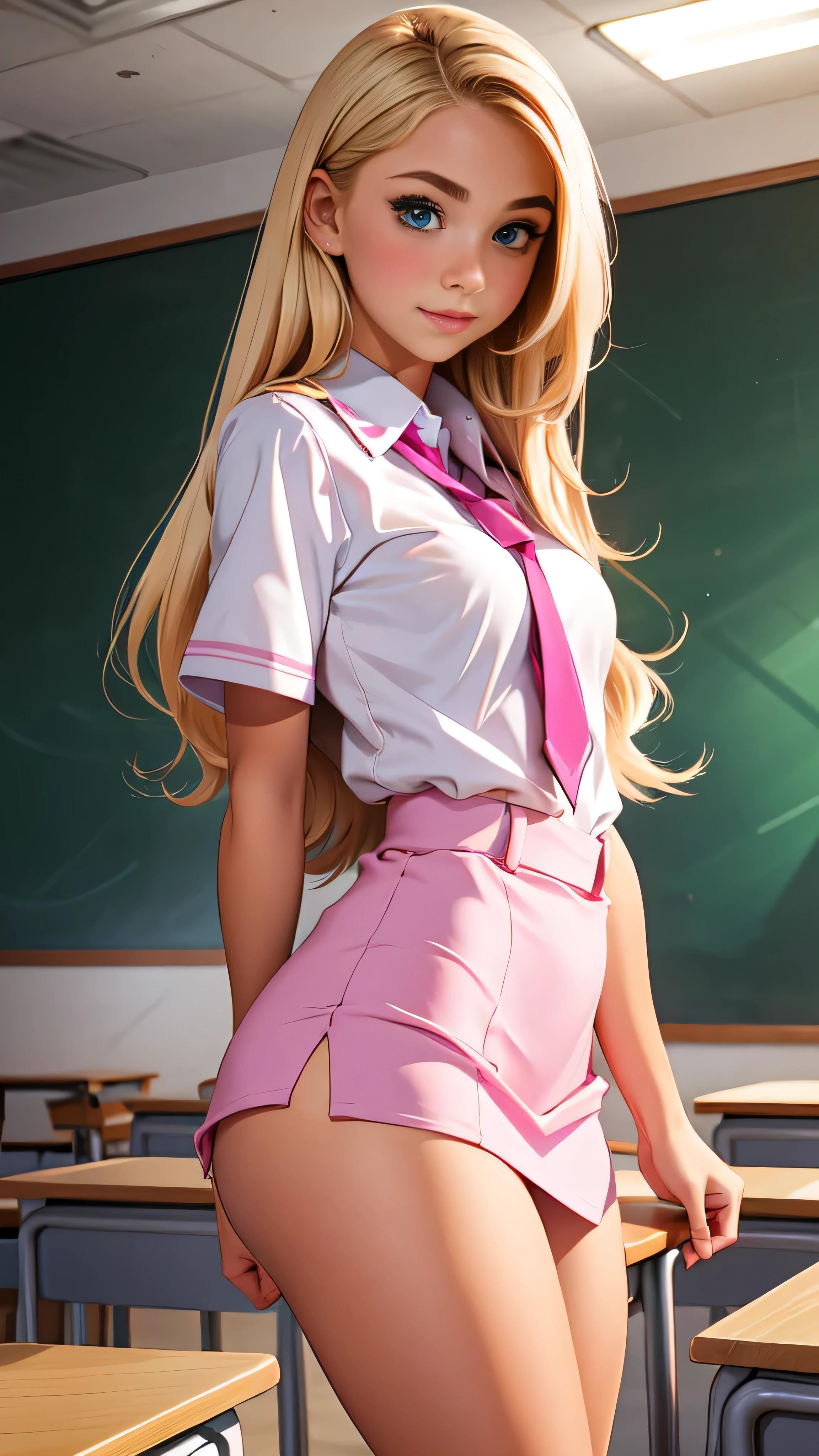 Cute  blonde girl wearing revealing pink high-school uniform in classroom, sexy, petite, popular girl,