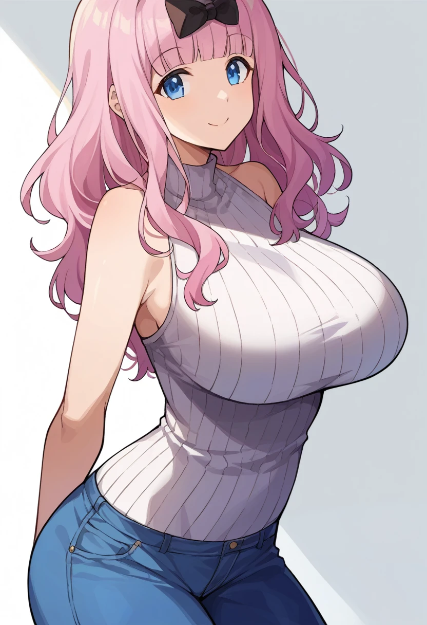 score_9, score_6_up, source_anime, 1girl, Alone,White background, chika, blue eyes, pink hair, hair bow, ,Huge breasts、Long chest、Slim body、smile、White sleeveless high neck ribbed knit、Blue denim pants、The whole body is visible、Standing upright、Put your hands behind your back