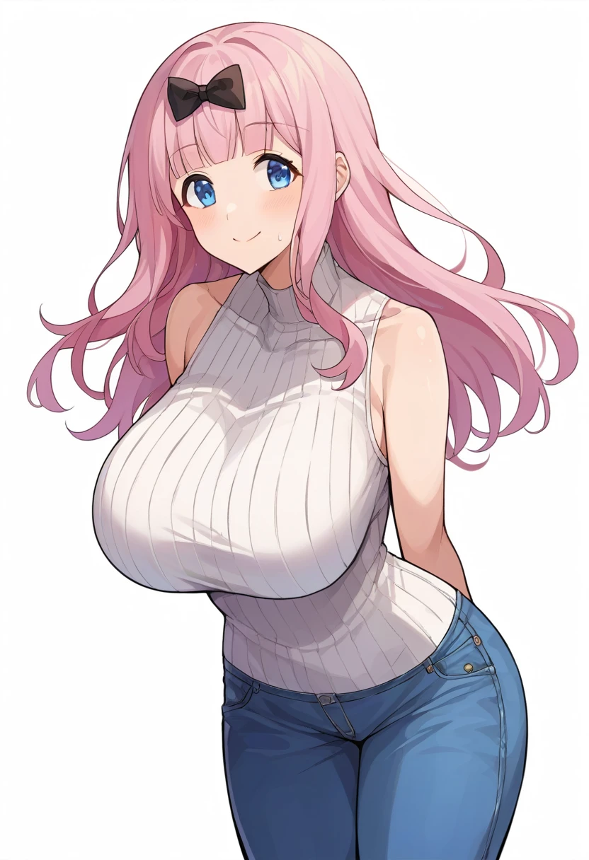 score_9, score_6_up, source_anime, 1girl, Alone,White background, chika, blue eyes, pink hair, hair bow, ,Huge breasts、Long chest、Slim body、smile、White sleeveless high neck ribbed knit、Blue denim pants、The whole body is visible、Standing upright、Put your hands behind your back