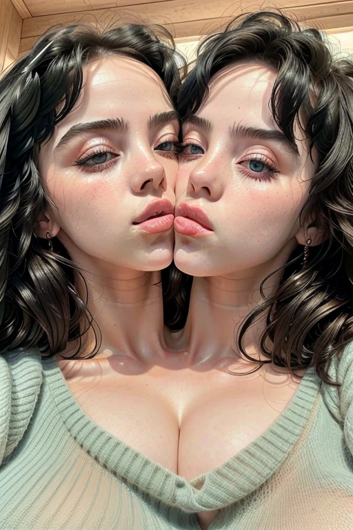 ((masterpiece)), ((best quality)), (detailed), ((perfect:1.3)) solo, two-headed billieeilish, a woman, gorgeous woman, luscious lips, black hair, huge blue eyes, ((extremely detailed eyes)), eyes closing, ((deep cleavage:1.2)) sexy, ((perfect massive breasts)), (two heads, conjoined_dicephalus), (kissing:1.5), ( unbuttoned cardigan), blushing, extremely aroused, lying on a couch on her side, ((close-up)), falling asleep, yawning, ((focus on faces:1.3)), ((cheeks rubbing together:1.3))