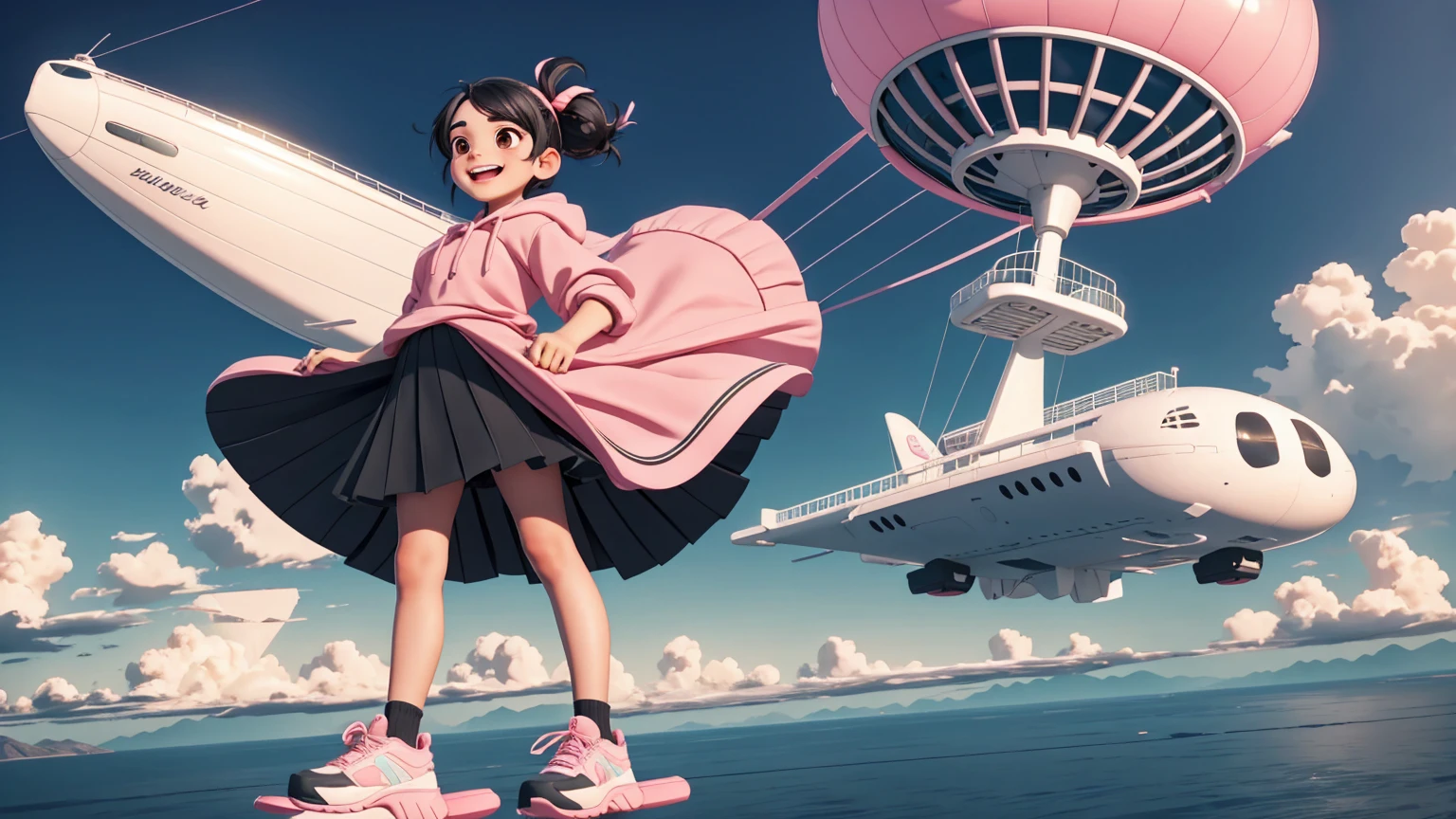 A cheerful girl with expressive brown eyes, black hair tied back with a pink ribbon, stands on the deck of a sleek futuristic airship. She wears a teal hoodie, a pink pleated skirt, and pink sneakers, holding a telescope in one hand. Her face is lit with excitement and wonder as she scans the horizon. The sky is a bright blue with puffy clouds, and distant floating islands are seen. The airship has mechanical wings and billowing sails, floating majestically through the air.