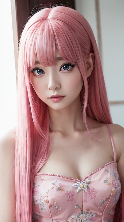 1 girl, (highest quality:1.4), (super detailed), (detailed light), (Highly detailed beautiful face), wonderful face and eyes, gentle smile, pink hair, pink eyes, Beautiful sheer lace details, beautiful breasts, nipple, Highly detailed CG integrated 8k wallpaper, High resolution raw color photos, professional photos, dynamic lighting, Depth of bounds written,