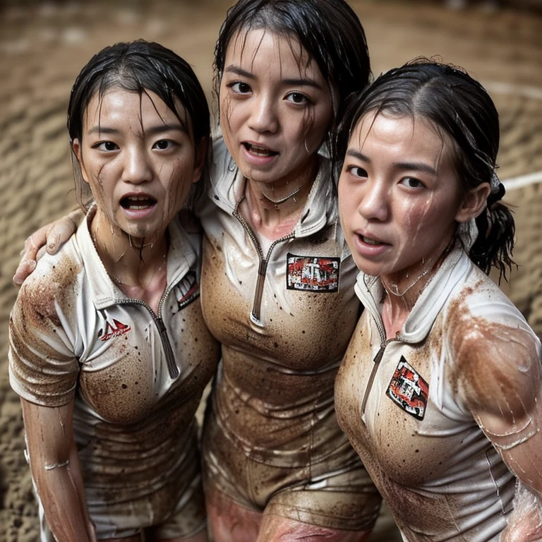 (A plain white short sleeved, very tight, white half zip, soiled gym uniform:1.7)、(A large, dirt-stained, white, square collar: 1.6)、(Red clay ground:1.5)、My hair is wet and messy、(Beautiful Japanese woman covered in dirt:2.0)、Highest quality, masterpiece, Ultra-high resolution, Photorealistic, Raw Photos,Detailed face,(Muscular woman:1.4), (Fastener open: 1.8), (Upper body zoom up:1.0),(Everyone wears the same clothes:1.0), (buruma: 1.8), All members are super beauties, (A beautiful Japanese woman is doing push-ups while sweating: 1.7), (Hair tied up: 1.4), (Exhausted expression:1.5), Bright photo, (My whole body is soaked with sweat: 1.3), (Covered in mud: 1.4)
