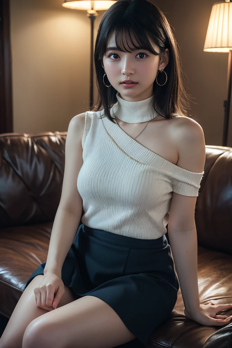 A light brown haired woman with an elegant hairstyle and blue eyes、I am sitting on a quiet cafe terrace in the city at night.。She is wearing a stylish summer knit top and short skirt that accentuates her curves.、Wearing a high quality leather belt。Skyscrapers lined up in the background、The light illuminates the dark sky、The warm light of the cafe softly envelopes her.。Her hair swayed in the wind、Her cute, upward-looking, soft smile as she looks into the camera is impressive.。A coffee cup and a book are placed on the cafe table.、It creates a relaxed atmosphere。Her outfit is completed with a gorgeous white collared silk shirt and brown skirt.。She wears small earrings and a delicate silver necklace.、It captures the light。Partially tie your hair back、It highlights her beautiful face。This realistic and high quality、With detailed pictures、She exudes elegance。
