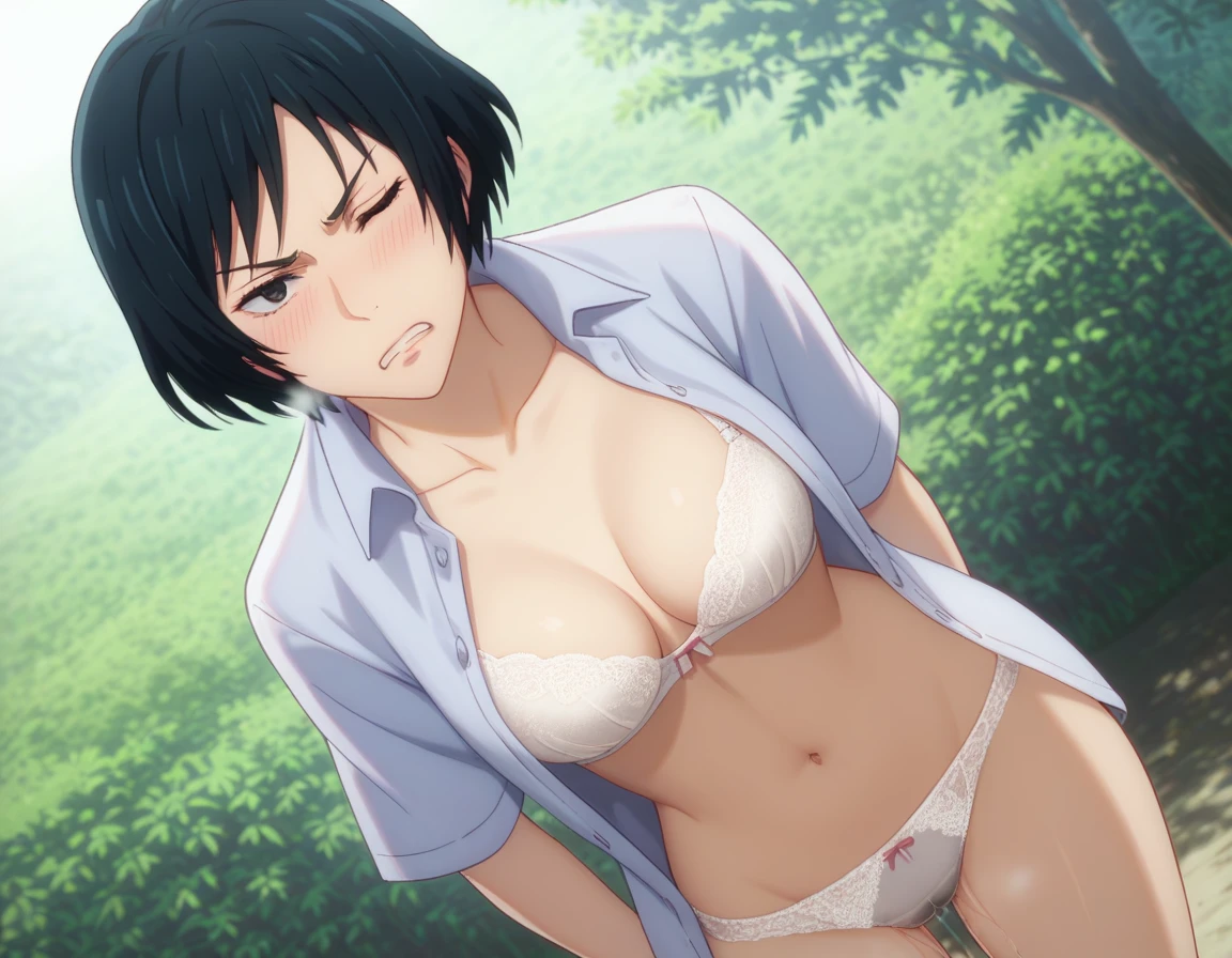 sauce_anime, ambient light,
jujutsu_kaisen_style, Mai Zenin,,zenin mai,  maizeninSDXL ,1girl ,tall girl, black hair, black eyes, short hair, , wince, frown, close up face:0.2,
nsfw, (show off breast),undress shirt, hands behind backs,, in lace panties, pussy juice,
outdoors,, realistic outdoor, (side on), , steam, 
cowboy shot,, looking at viewer, solo, dutch angle, blush,, lace white bra , clenched teeth, saliva,, medium breast,