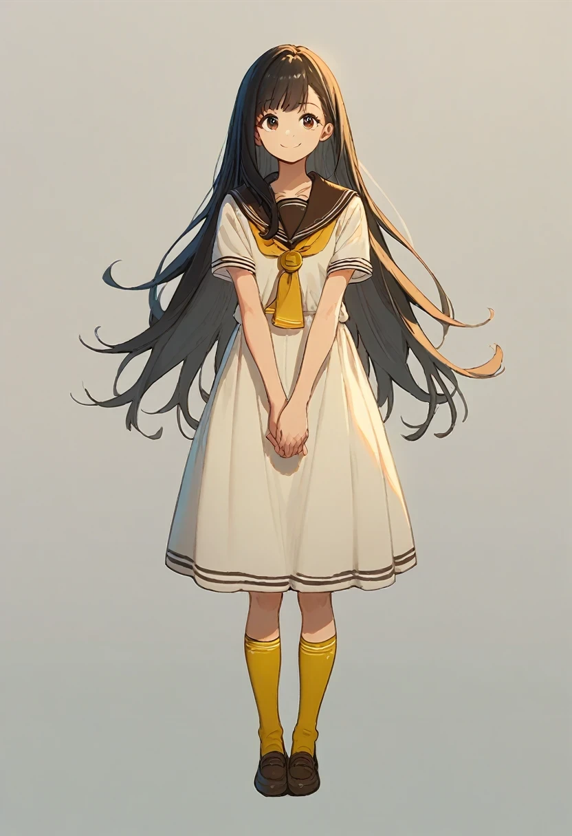 (score_9,score_8_up,score_7_up, ),
TMLH_NK,long hair,black hair,1girl,white dress,smile,yellow socks,brown sailor collar,short sleeves,sailor dress,standing,yellow neckerchief,brown eyes,simple_background,white_background,solo