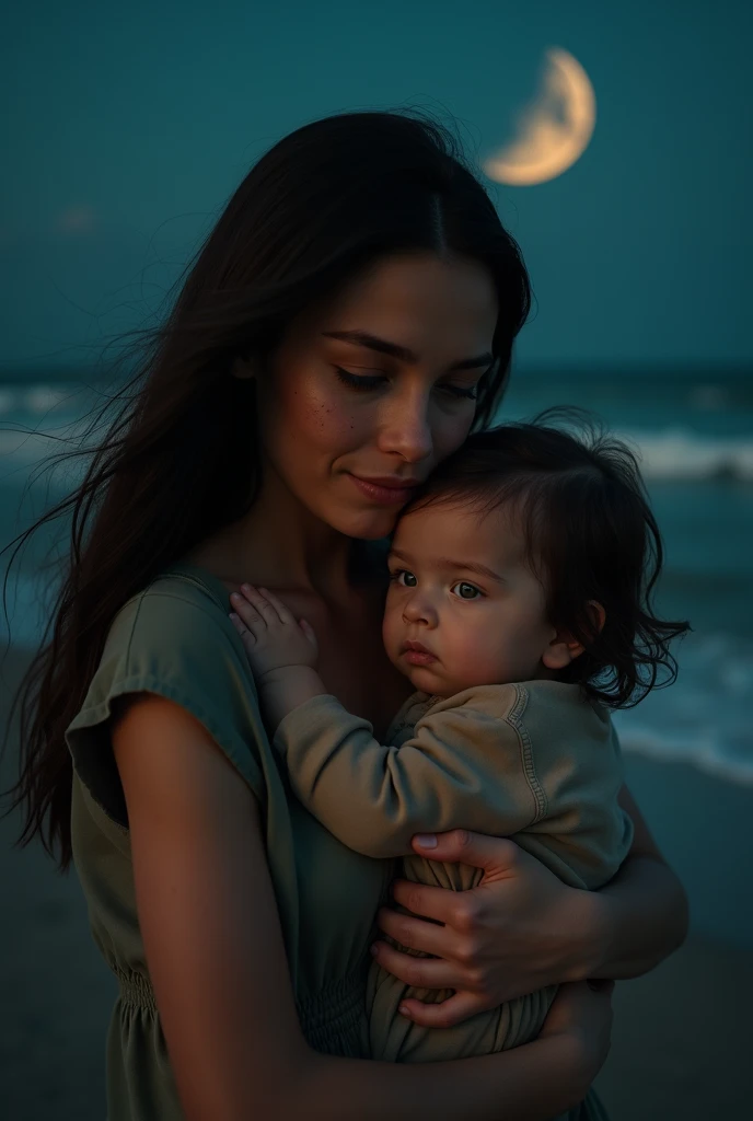 a brown-skinned baby with black eyes named Jade, olive-skinned, on the coast of France