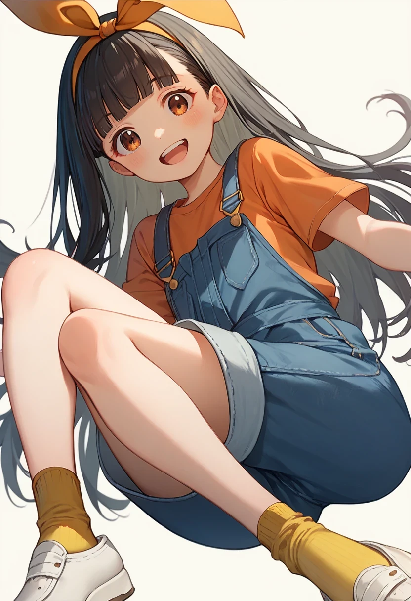 (score_9,score_8_up,score_7_up, ),
TMLH_NK,1girl,solo,long hair,black hair,shirt,simple background,blue overalls,open mouth,smile,brown eyes,looking at viewer,short sleeves,hairband,yellow t-shirt,teeth,ribbon,orange hairband,blunt bangs,blush,:d,hair ribbon,white_background,yellow socks,white shoes,crossed_legs