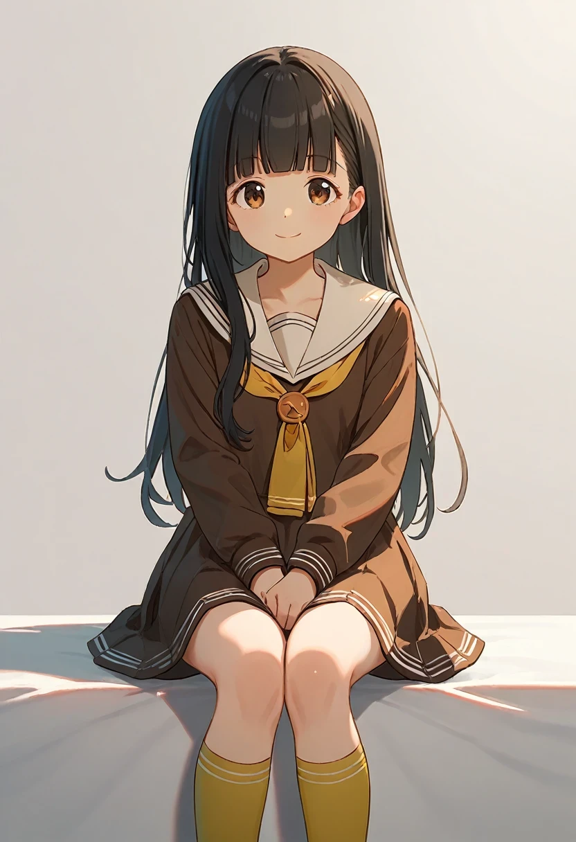 (score_9,score_8_up,score_7_up, ),
TMLH_NK,1girl,black hair,brown eyes,long hair,solo,smile,school uniform,white sailor collar,long sleeves,blunt bangs,facing viewer,yellow neckerchief,closed mouth,serafuku,sailor dress,brown dress,yellow socks,white_background,simple_background,feet out of frame,wariza,hands_on_lap,sitting