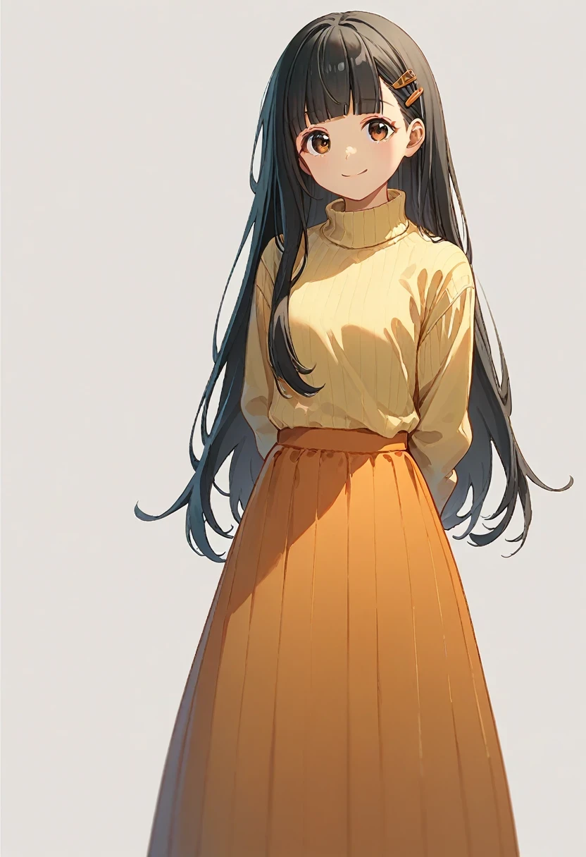 (score_9,score_8_up,score_7_up, ),
TMLH_NK,1girl,blunt bangs,solo,long hair,black hair,smile,hair ornament,yellow sweater,long skirt,looking at viewer,turtleneck,turtleneck sweater,orange skirt,hairclip,brown eyes,white_background,simple_background,arms behind back