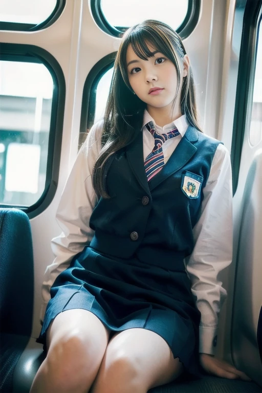 1 Japanese female,Cosplay Japanese schoolgirl uniform,sitting in a train seat,(Focus on her crotch:1.1),Between clothes,Under the skirt,Ultra low angle,Knees together,she下を向いている,she&#39;Don't notice me,Spread your legs wide apart、Showing panties、Showing off panties、