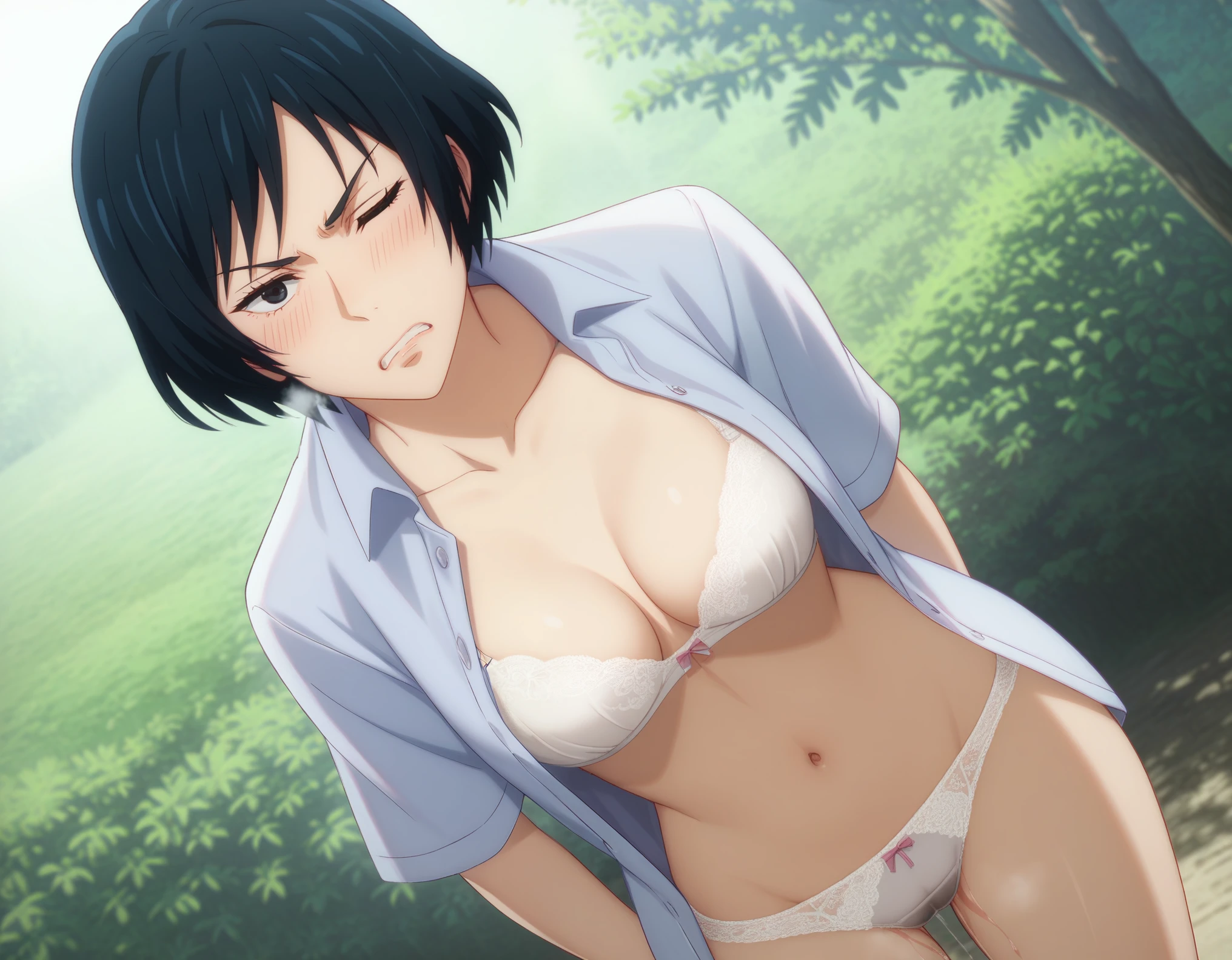 sauce_anime, ambient light,
jujutsu_kaisen_style, Mai Zenin,,zenin mai,  maizeninSDXL ,1girl ,tall girl, black hair, black eyes, short hair, , wince, frown, close up face:0.2,
nsfw, (show off breast),undress shirt, hands behind backs,, in lace panties, pussy juice,
outdoors,, realistic outdoor, (side on), , steam, 
cowboy shot,, looking at viewer, solo, dutch angle, blush,, lace white bra , clenched teeth, saliva,, medium breast,