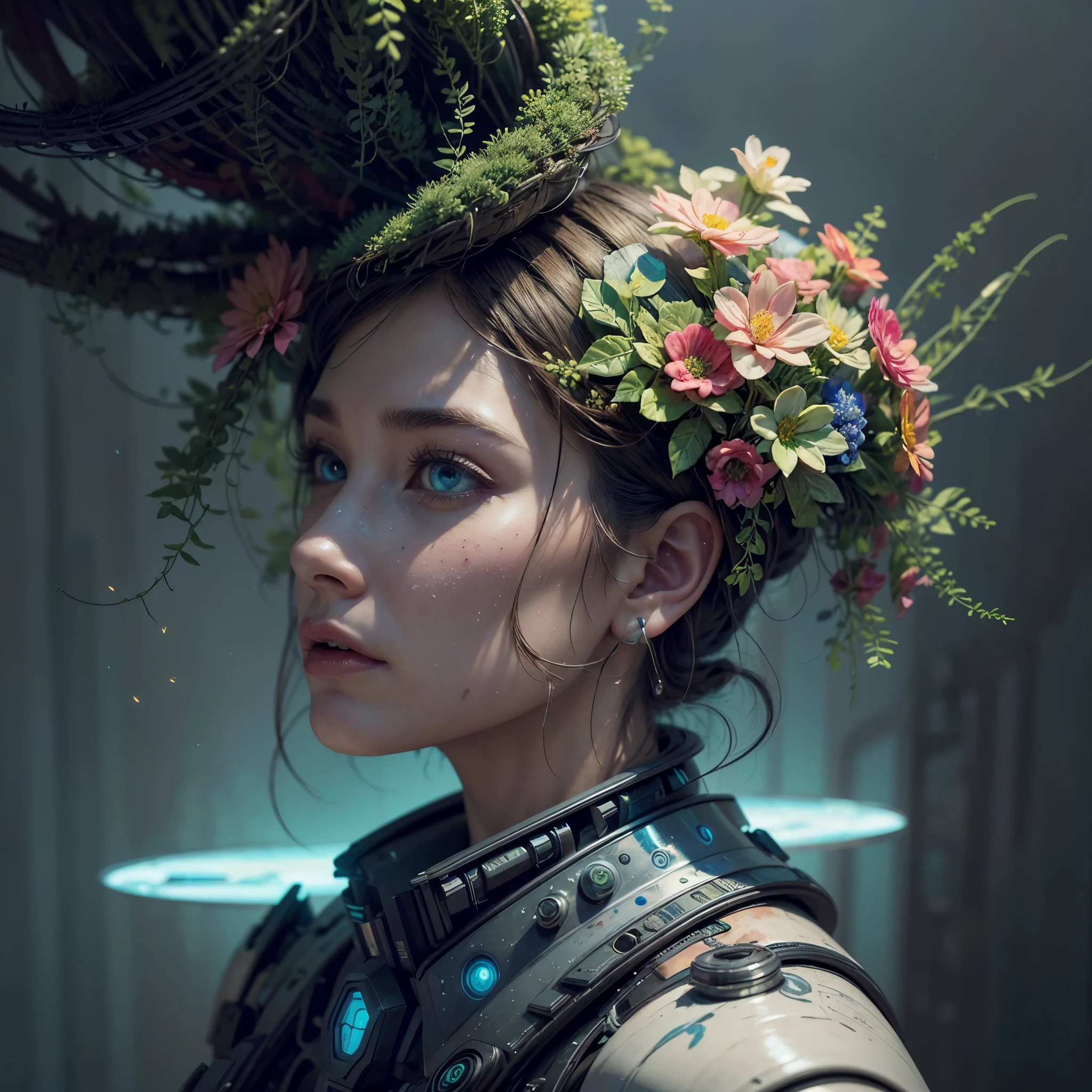 A creative cyborg creating a futuristic sci-fi oil pastel floral artwork, intricate detailed digital painting, highly detailed, vivid colors, glowing neon, flowing organic shapes, fantasy, dynamic composition, volumetric lighting, depth of field, photorealistic, 8k, best quality, masterpiece