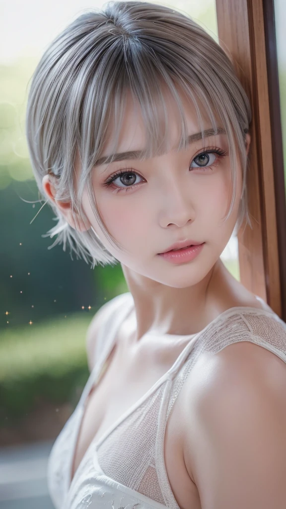 (10 years old) ,girl、(brown mickey ears headband)。(Random Nudes)，Exhibitionism，((Random exposure of genitals))。　Beautiful areola。Small breasts. Thin Hair。(Food in the freezer). Detailed and complex background。((bright white hair))。(Round face). ((Short Bob Hair)). Random Pause. Heavy bangs. Idol&#39;s face