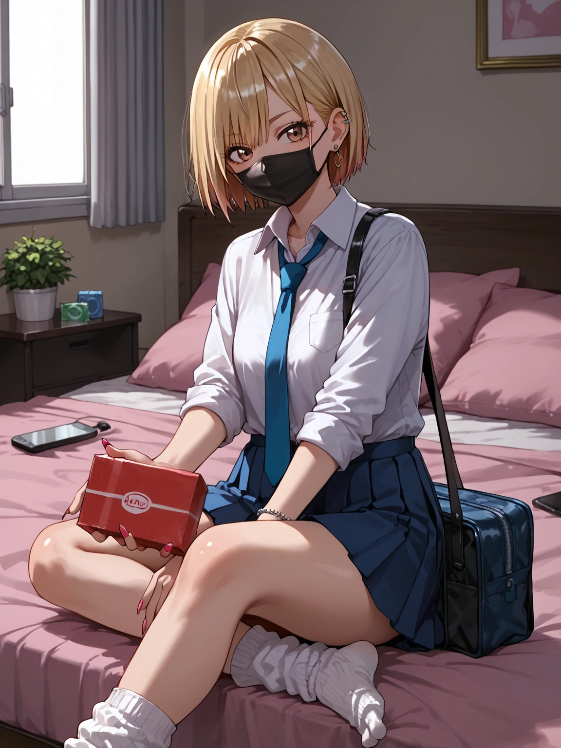 score_9, score_8_up, score_7_up, sorce_anime, 1girl, solo, gyaru, blonde hair, very short hair, brown eyes, mouth mask, black mask, nail polosh, sharp fingernails, single pierced earring, silver bracelet, white shirt, collared shirt, sleeves rolled up, blue necktie, loose necktie, pleated skirt, micro skirt, white socks, loose socks, (love hotel:1.4), sitting on bed, pink bed sheet, pink pillow, condom box, smartphone, school bag