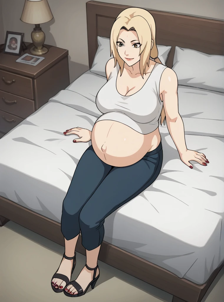 score_9, score_8_above, score_7_above, score_6_above, score_5_above, score_4_above, Tsunade, blonde hair, large breasts, mature female, blue pants, long blonde hair, two low ponytails, smooth and silky hair, Light brown eyes, pale skin, looking ahead, smiling, Sitting, 
big breasts, pregnant, huge belly, big belly, belly button, Posing, blue pants, chest bandage, nail polish, rubbing the belly, indoors, bed, heels,
high quality, Best Quality, ultra detailed, masterpiece, Whole body, animated style, high quality, ultra detailed, beast quality, anime style, High Resolution,