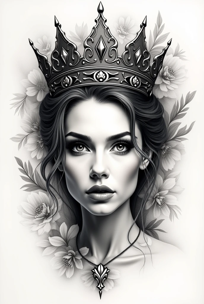 Black and white stick figure 1 girl with flowers, lots of flowers in background, in queen dress, its fine ink line art, comic style, full body of ploynesian girl,Gigi Hadid Hollywood glam, wearing crown, beautiful line art, black and white comic style, realistic, pencil and ink caricature drawing, black and white coloring