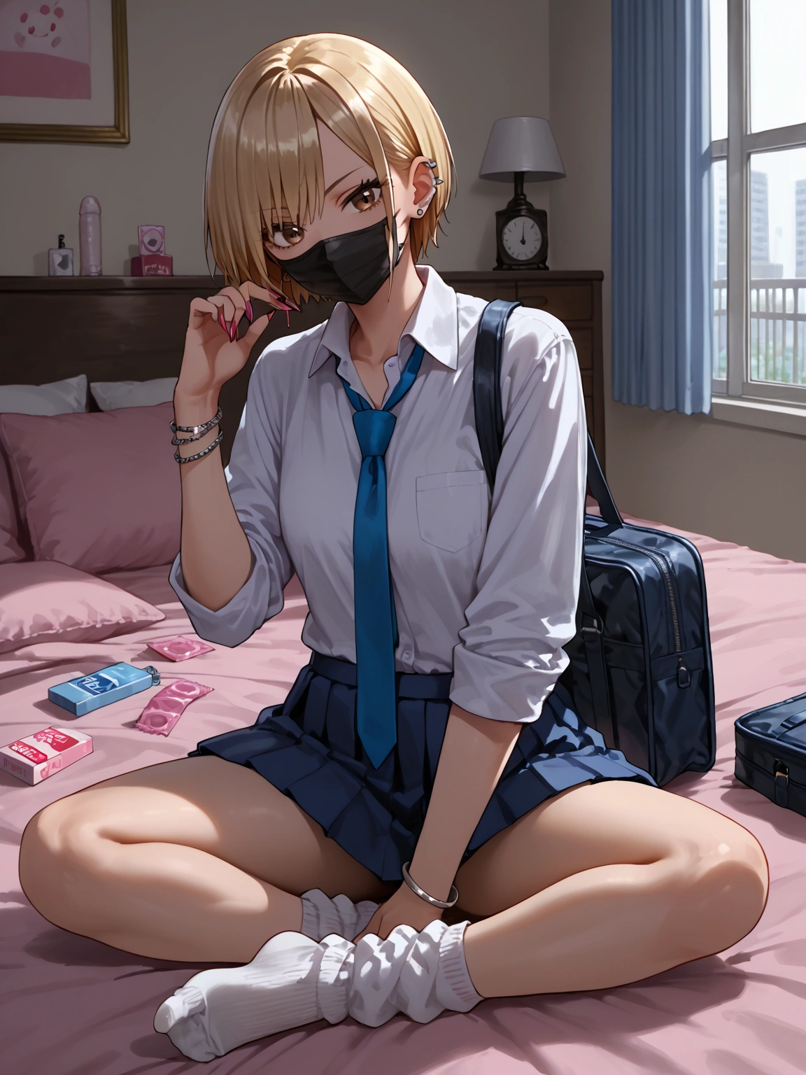 score_9, score_8_up, score_7_up, sorce_anime, 1girl, solo, gyaru, blonde hair, very short hair, brown eyes, mouth mask, black mask, nail polosh, sharp fingernails, single pierced earring, silver bracelet, white shirt, collared shirt, sleeves rolled up, blue necktie, loose necktie, pleated skirt, micro skirt, white socks, loose socks, (hotel room, love hotel:1.2), sitting on bed, pink bed sheet, pink pillow, condom box, smartphone, school bag