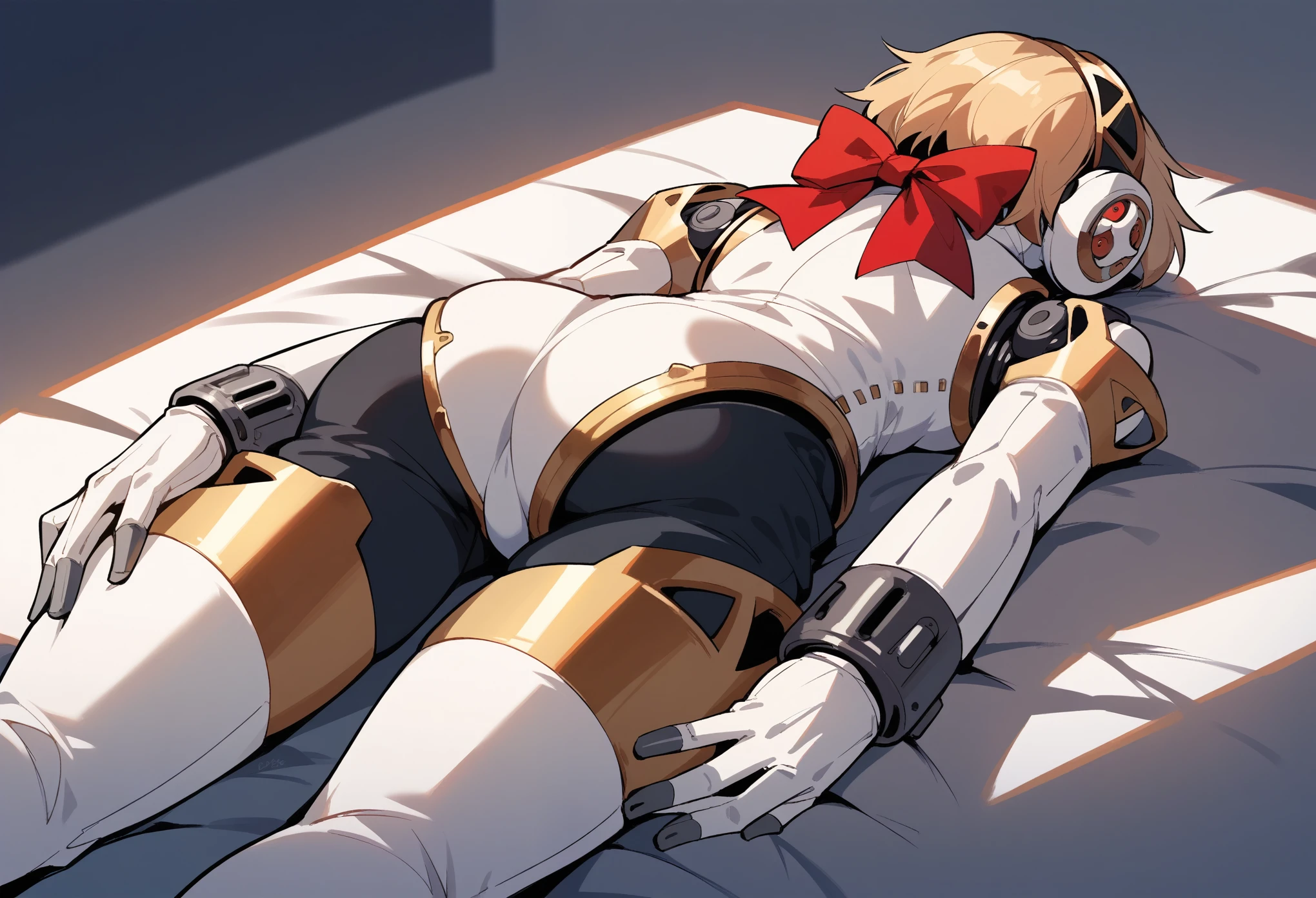 p3aegis, android, robot joints, hairband, headphones, red bow,lying,Place hands on thighs side,,facing away , 