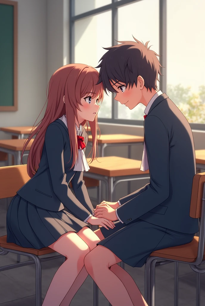 A girl with black hair wearing a school uniform talks to a rude boy with red hair but the boy is in love with her and gets nervous