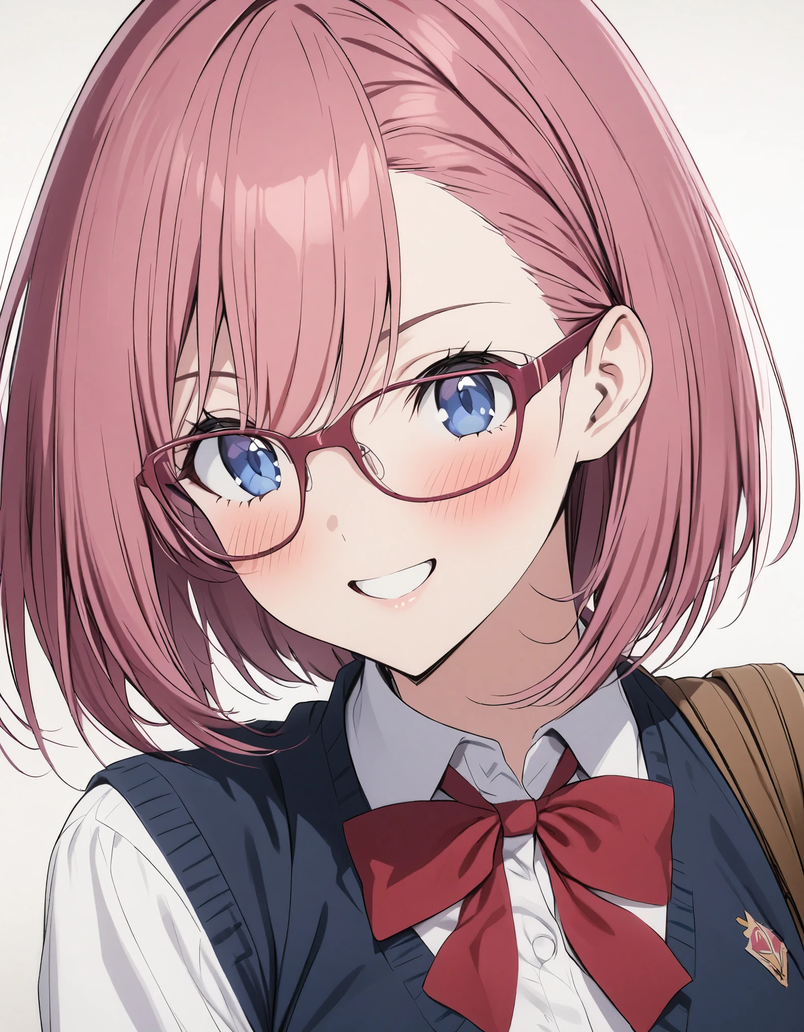 masterpiece, Ririsa Amano, short hair, pink hair, blue eyes, pink glasses, school uniform, red ribbon on the chest, Smile