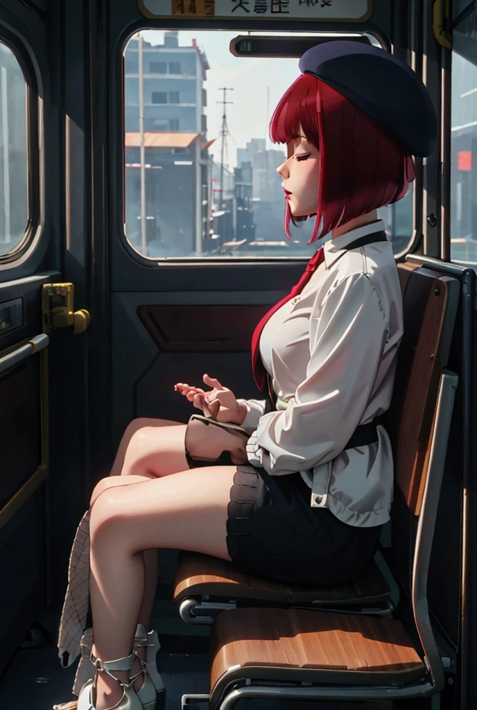 High resolution,  woman, Red hair with bangs, ショートボブスタイル, Large Breasts, Beret, realism,
 Anatomically correct,
 she、Sit back and relax on the commuter train&#39;s long seat、The whole body is relaxed、Palms facing up、Slumped down on the seat、Open your mouth as if you were fainting、Closed eyes, Drooling、Sleeping soundly with legs apart。
Jacket and blouse、Tight he is wearing fishnet stockings and shiny red high heels.、
face to face、Front view、From the head、Full body image up to the feet
