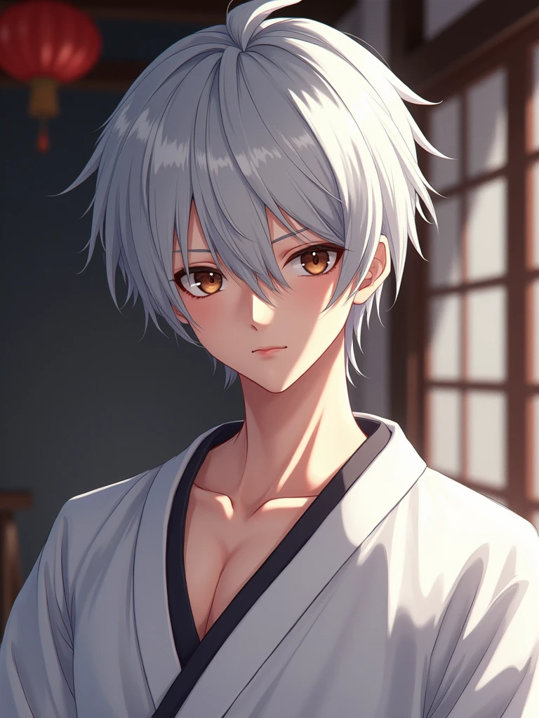 masterpiece, best quality, high quality,  2boys,10yo, , duo, male focus, full body, looking at viewer, yellow hair,spiky hair, no shirt, wearing yukata,  steam smork, japan style,  anime coloring, shy, home muji style, detailed face, Japan style, friend is so shy, friend white hair, friend spiky hair, topless