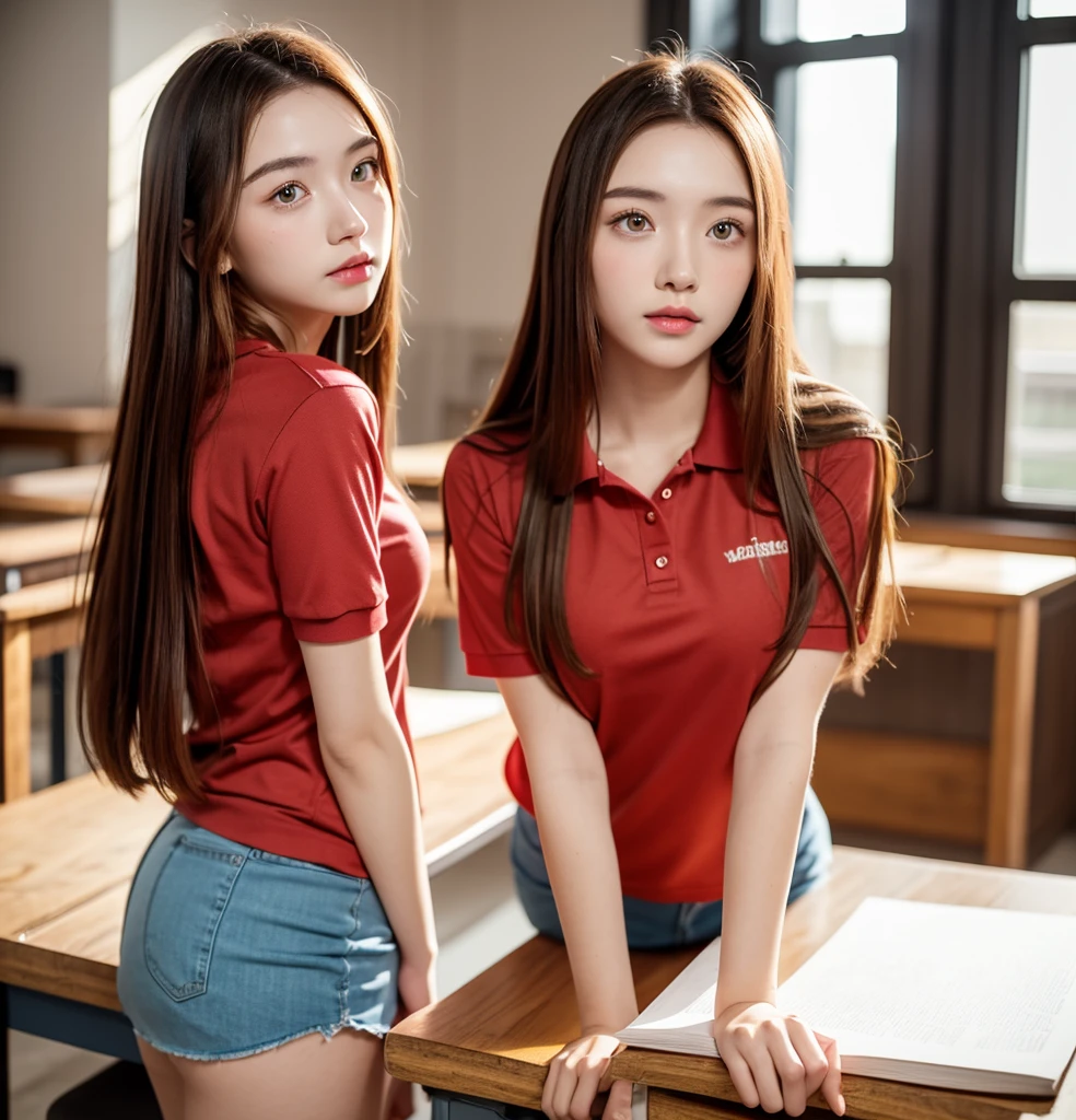 Frontal portrait of a beautiful and attractive young woman, in university , red hair, long hair, symmetrical face, photorealistic, photography, dramatic lighting, wonderful, western, (masterpiece) , polo shirt, miniskirt, thighs perfect, shy , leaning on desk