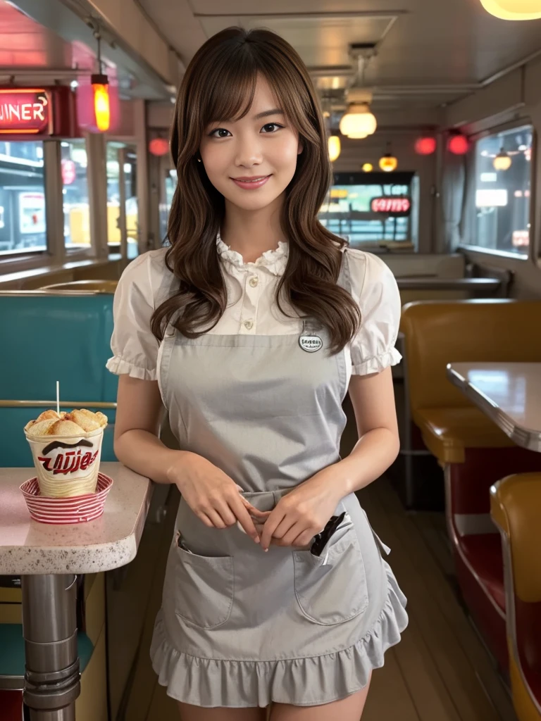 Cowboy Shot, 
break, 
((Pop American diner uniform from the 1980s:1.2)), ((Ruffled Apron:1.2)), 
break, 
View your viewers, Japanese female university student, (One Woman:1.2), She is very beautiful, Glowing Skin, Perfect Face, Cute and symmetrical face, Big Breasts, 
break, 
Light Brown Hair, Medium Hair, Wavy Hair, Hair tied up, Makeup, 
break, 
(Inside an American diner at night:1.6), Standing, (Cute smile), (8k, RAW Photos, Best Quality, masterpiece:1.2), (Realistic, Photorealistic:1.4), Very detailed, Shallow depth of field, Beautiful Hair, Beautiful Face, Beautiful attention to detail, Realistic skin texture, Beautiful fingers, Perfect Anatomy, Perfect legs, Perfect hands, Perfect Eyes, Perfect body, smile, Double eyelids, (Natural Side Lighting, Cinema Lighting),