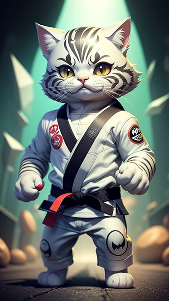 C4tt4stic, Cartoon Silver Tabby cat in Jiu Jitsu Gi and skateboard, black belt,