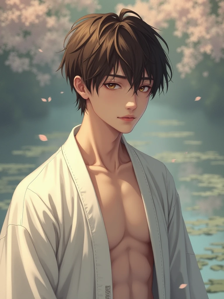 1 boy, Young male, Detailed eyes and faces, Perfect male body, face to camera, (long hair, half body in water, Topless, bathe in hot spring, wet hair and body),portrait, Chinese clothing, China Landscape, Outdoor, peach blossoms, pine trees, color difference, Depth of field, dramatic shadow, Ray tracing, Best quality, Cinematic lighting, Extremely detailed CG, 8k wallpaper,