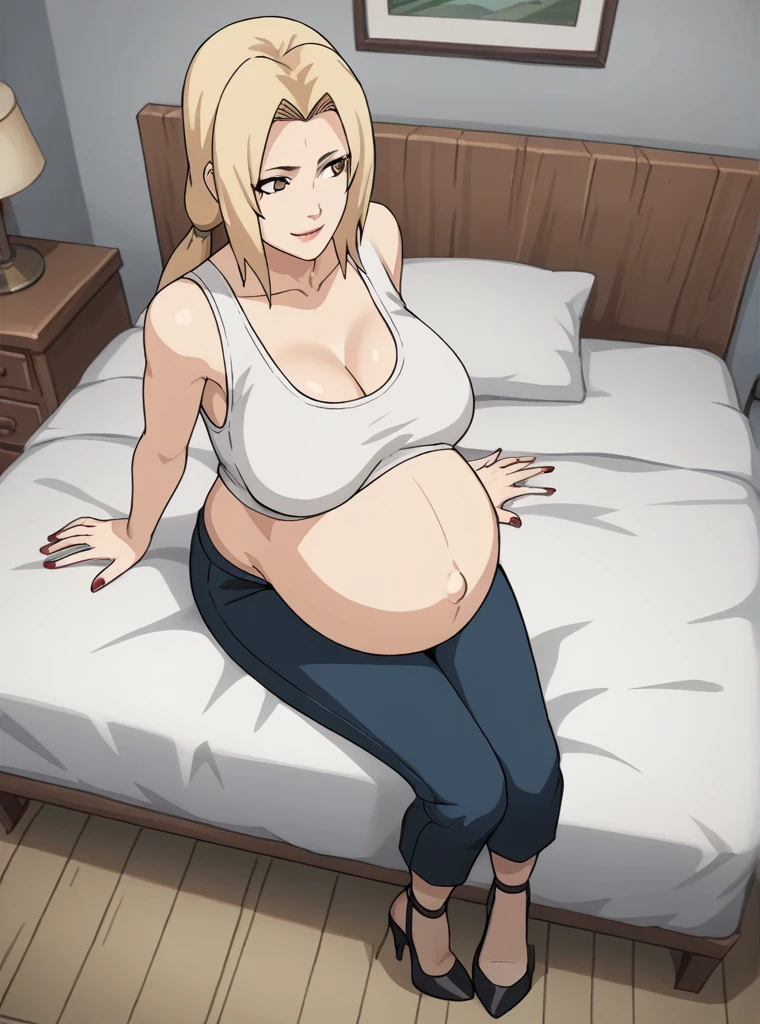 score_9, score_8_above, score_7_above, score_6_above, score_5_above, score_4_above, Tsunade, blonde hair, large breasts, mature female, blue pants, long blonde hair, two low ponytails, smooth and silky hair, Light brown eyes, pale skin, looking ahead, smiling, Sitting, 
big breasts, pregnant, huge belly, big belly, belly button, Posing, blue pants, chest bandage, nail polish, rubbing the belly, indoors, bed, heels,
high quality, Best Quality, ultra detailed, masterpiece, Whole body, animated style, high quality, ultra detailed, beast quality, anime style, High Resolution,