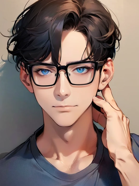 masterpiece, best quality, 1male mature,  35 years, gray black hair, blue eyes, glasses, CEO, white shirt, mugshot, wall background, detailed eyes, detailed facial features, realistic and high resolution (best quality, 4k, 8k, highres, masterpiece:1.2)