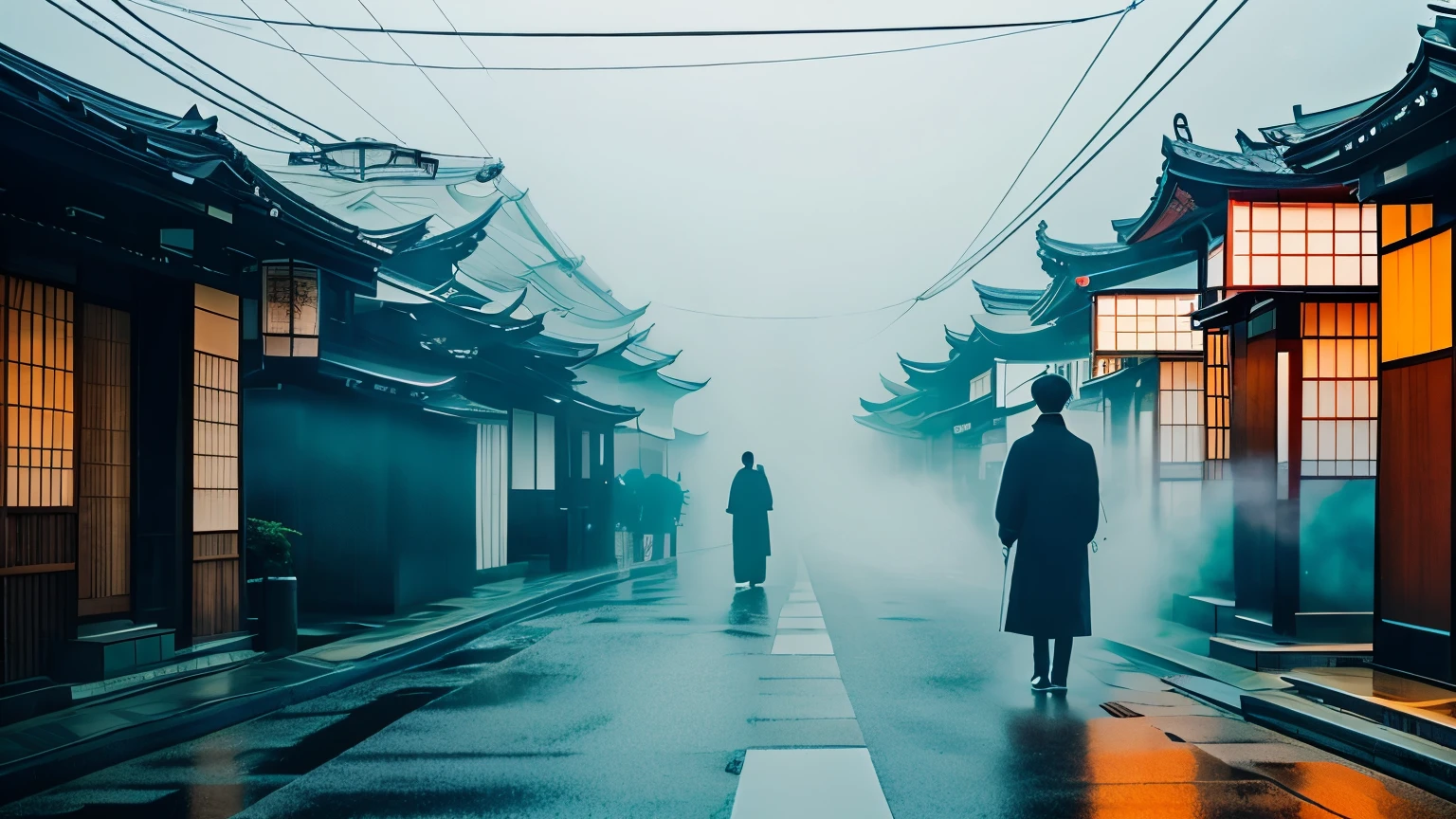 god、kimono、Modern Japanese city、fog