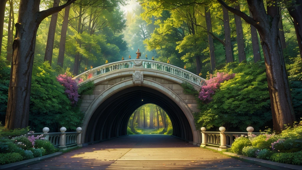 masterpiece, best quality, 8k, enchanted forest, vivid colors, magical atmosphere, whispering trees, magical whispers, harmony of nature, ethereal magic, breathtaking beauty, mysterious wonder, curved marble bridge, front view of the beginning of the bridge