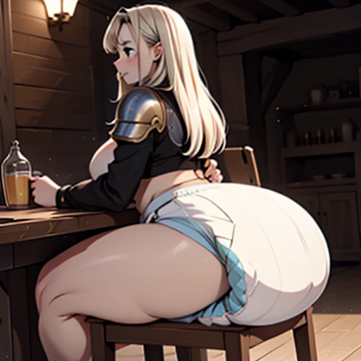  an anime woman, surprised ,  medieval female barbarian, in medieval tavern, wearing cloth armor, kissing her husband, rubbing her huge butt, sex from behind, lust face, orgasm face, major enjoyment, pleasure, gigantic diaper,  huge ass, Wearing white bra, huge breasts about to explode out of top, grabbing her belly, bulging diaper, gigantic diaper sagging down, huge diaper, massive lumpy full diaper, diaper growing bigger and bigger, holding her growing diaper, diaper puffing up, diaper filling up whole screen, sitting in diaper inflated to enormous size pouring out of sides, sitting on chair, extremely massive diaper