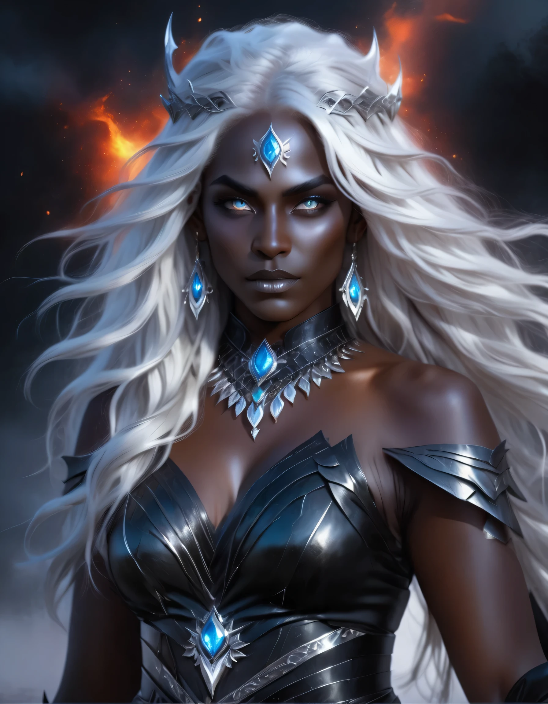 a portrait of a female dark elf, black skin, white hair, long hair, wavy hair, flowing hair, sparkling fiery eyes, there are jewelry in her hair. best quality, 16k, ultra detailed, masterpiece, best quality, (extremely detailed), dynamic angle, ultra wide shot, photorealistic, RAW, fantasy art, dnd art,fantasy art, realistic art