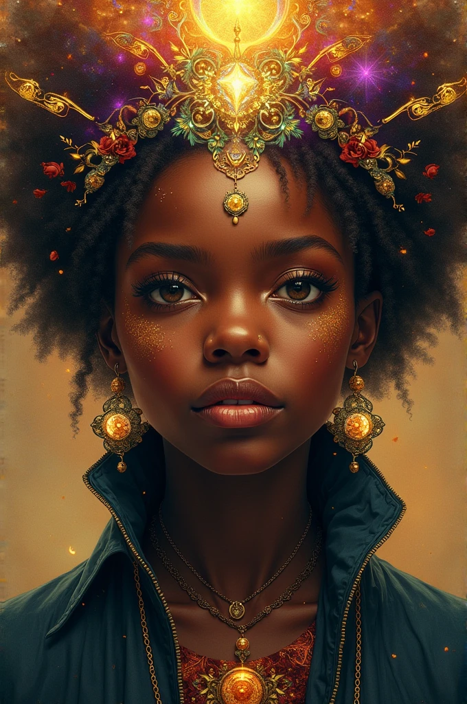 <lora:JamesC.Christensen:1>photo, mark ryden,black girl,in Gustav Klimt dress