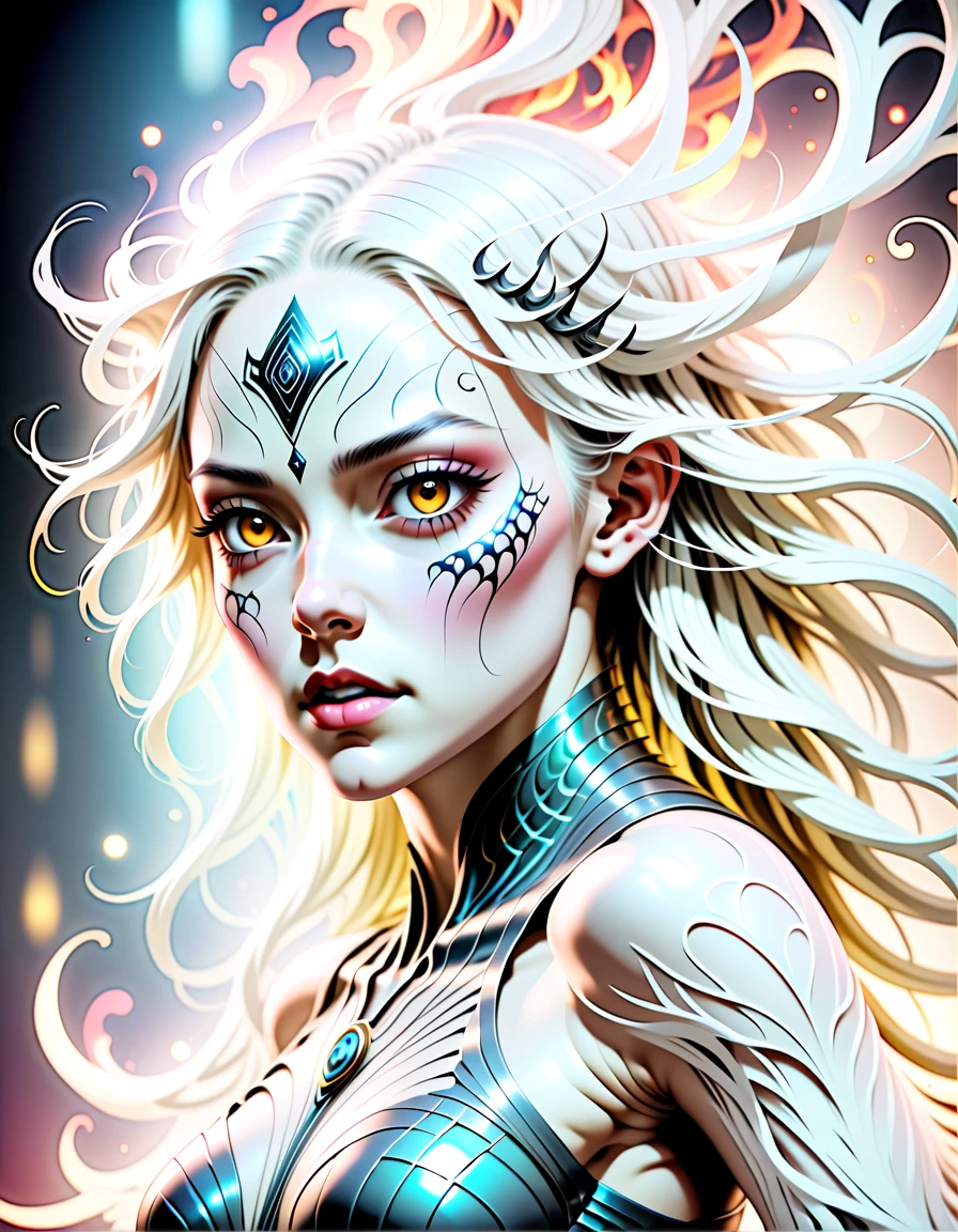 a portrait of a female dark elf, black skin, white hair, long hair, wavy hair, flowing hair, sparkling fiery eyes, there are jewelry in her hair. best quality, 16k, ultra detailed, masterpiece, best quality, (extremely detailed), dynamic angle, ultra wide shot, photorealistic, RAW, fantasy art, dnd art,fantasy art, realistic art