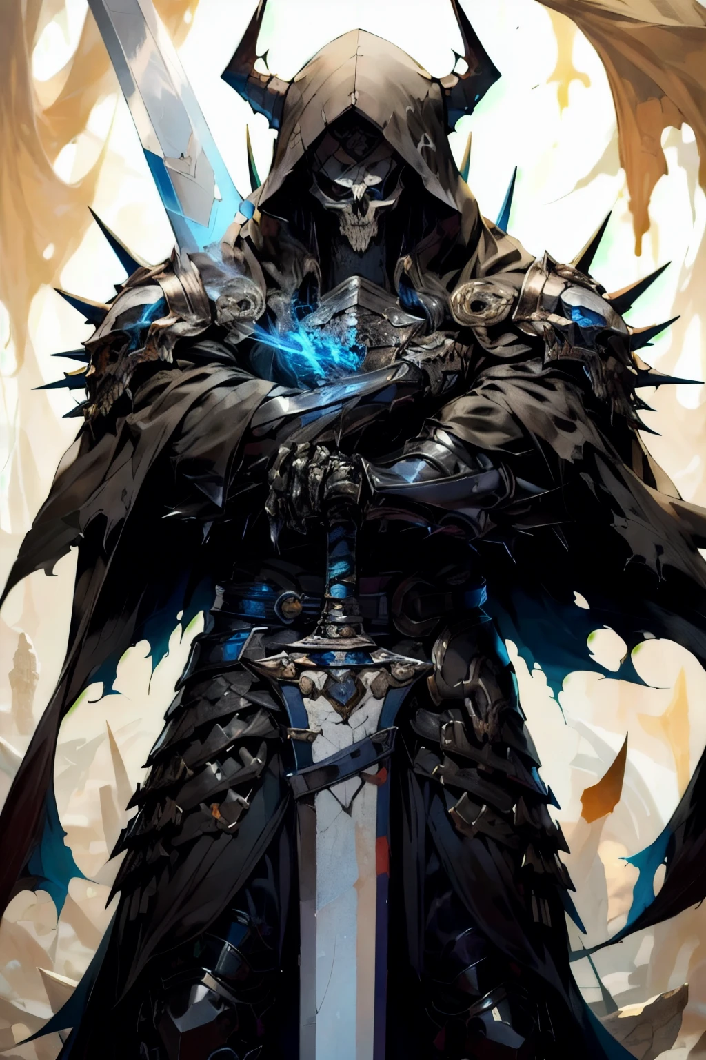 ha sang,1boy,skull mask,armor,male focus,solo,weapon,sword,spikes,looking at viewer,blue_fire,cloak,hood up,holding,(masterpiece), (best quality), HDR, intricate detail,