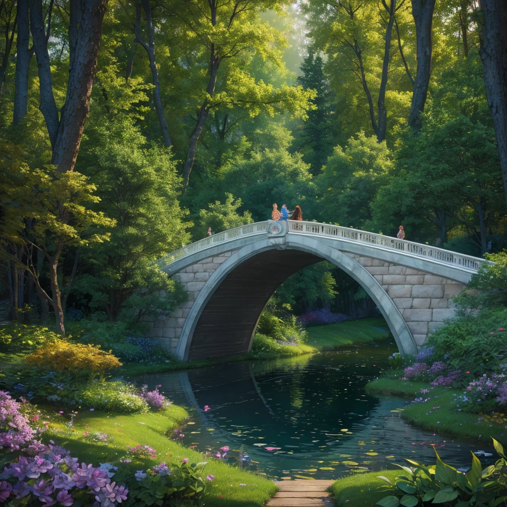 masterpiece, best quality, 8k, enchanted forest, vivid colors, magical atmosphere, whispering trees, magical whispers, harmony of nature, ethereal magic, breathtaking beauty, mysterious wonder, curved marble bridge, front view of the beginning of the bridge