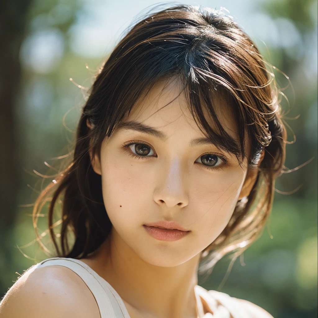 A hyper-realistic image of a single Japanese woman in her early 20s, captured with the nostalgic warmth and subtle graininess of a film camera. Her skin has a warm beige tone with a natural, slightly rough texture that includes visible pores, fine lines, and subtle imperfections such as small blemishes, adding to the authenticity of her appearance. The soft, diffused natural light enhances the film-like quality, casting gentle shadows that create a timeless, organic feel. Her straight, glossy black hair frames her face in a natural, slightly tousled manner, and her deep brown eyes reflect the ambient light, adding depth and emotion. The film camera effect introduces a slight grain and a softer focus, giving the image a warm, nostalgic atmosphere while maintaining the realistic texture of her skin. She is dressed simply, in a way that complements her natural beauty, with the overall composition designed to evoke a sense of genuine, understated elegance. The use of natural light, combined with the deliberately rougher texture of her skin and the film-like qualities, ensures that this image captures the imperfections that make her beauty truly lifelike, focusing solely on this one individual.
