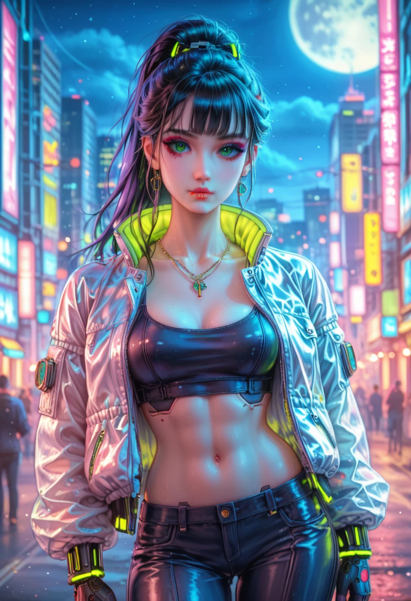 (masterpiece, Best quality, 8 k, clear focus, depth of field, BEST SHADOWS, perfect light, HDR, realistic skin texture, super detailed background), Anime style, long range shot, ((cyberpunk theme)), One, 1 woman, she is a mercenary, (Green eyes, white skin, black hair with a ponytail, necklace, , Slim, draw up, eyeliner, gloss), She works in a futuristic Korean city, holds Tech-katana with a firm grip, Night, sky, waning moon, dressed in a nice technical jacket and leather pants.