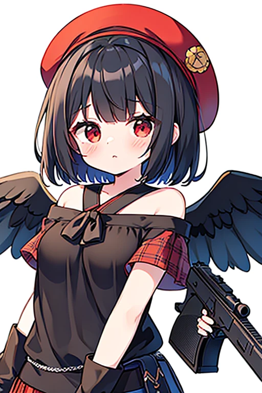 masterpiece, best quality ,
 1girl, cowboy hat, Kurokomasaki, Alone, gun, Wings, weapon, black hair, red eyes, black Wings, hat, breasts, bandana, off-shoulder shirt, off shoulder, shirt, white background, looking at viewer, brown headwear,  blue shirt, bangs, upper body, feathered Wings, holding gun, aiming at viewer, handgun, simple background, bare shoulders, holding, holding weapon, revolver, short sleeves, plaid, medium breasts, puffy sleeves New Year&#39;s Day party　I&#39;m drinking sake　Meteor Shower　　My breasts are small　The outfit is default　Riding a jet-black thoroughbred　Ride a dark winged horse　Cherry Blossoms at Night　Cherry blossom blizzard at night　Riding a black horse　 Riding a Pure White Thoroughbred