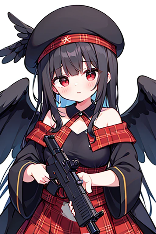 masterpiece, best quality ,
 1girl, cowboy hat, Kurokomasaki, Alone, gun, Wings, weapon, black hair, red eyes, black Wings, hat, breasts, bandana, off-shoulder shirt, off shoulder, shirt, white background, looking at viewer, brown headwear,  blue shirt, bangs, upper body, feathered Wings, holding gun, aiming at viewer, handgun, simple background, bare shoulders, holding, holding weapon, revolver, short sleeves, plaid, medium breasts, puffy sleeves New Year&#39;s Day party　I&#39;m drinking sake　Meteor Shower　　My breasts are small　The outfit is default　Riding a jet-black thoroughbred　Ride a dark winged horse　Cherry Blossoms at Night　Cherry blossom blizzard at night　Riding a black horse　 Riding a Pure White Thoroughbred