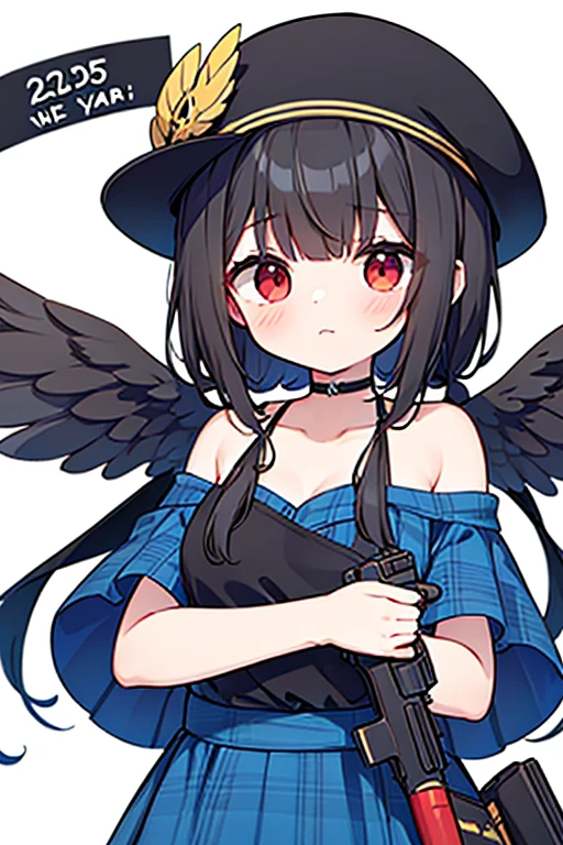 masterpiece, best quality ,
 1girl, cowboy hat, Kurokomasaki, Alone, gun, Wings, weapon, black hair, red eyes, black Wings, hat, breasts, bandana, off-shoulder shirt, off shoulder, shirt, white background, looking at viewer, brown headwear,  blue shirt, bangs, upper body, feathered Wings, holding gun, aiming at viewer, handgun, simple background, bare shoulders, holding, holding weapon, revolver, short sleeves, plaid, medium breasts, puffy sleeves New Year&#39;s Day party　I&#39;m drinking sake　Meteor Shower　　My breasts are small　The outfit is default　Riding a jet-black thoroughbred　Ride a dark winged horse　Cherry Blossoms at Night　Cherry blossom blizzard at night　Riding a black horse　 Riding a Pure White Thoroughbred