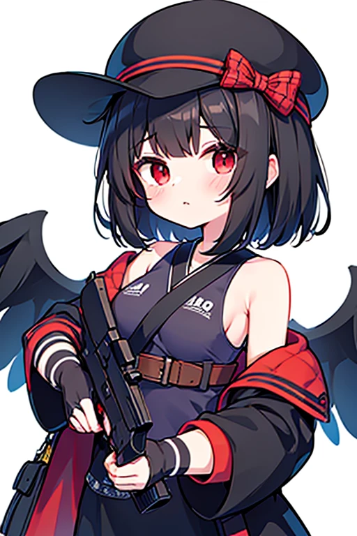 masterpiece, best quality ,
 1girl, cowboy hat, Kurokomasaki, Alone, gun, Wings, weapon, black hair, red eyes, black Wings, hat, breasts, bandana, off-shoulder shirt, off shoulder, shirt, white background, looking at viewer, brown headwear,  blue shirt, bangs, upper body, feathered Wings, holding gun, aiming at viewer, handgun, simple background, bare shoulders, holding, holding weapon, revolver, short sleeves, plaid, medium breasts, puffy sleeves New Year&#39;s Day party　I&#39;m drinking sake　Meteor Shower　　My breasts are small　The outfit is default　Riding a jet-black thoroughbred　Ride a dark winged horse　Cherry Blossoms at Night　Cherry blossom blizzard at night　Riding a black horse　 Riding a Pure White Thoroughbred