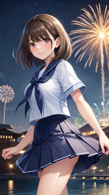 ((There are lots of beautiful fireworks in the distance)), (((A woman playing in midsummer in Japan))), (((Wearing high school uniform, pleated skirt))), ((Shiny Costumes)), skindentation, skinny, solo, 1 woman, Masterpiece, highest quality, highest quality, 16K, incredibly absurd, highly detailed, 2.5D, ai-generated, delicate and dynamic, very delicate facial expressions, delicate eye depiction, erotic, only sexy woman, ((A cute and kind face)), healthy figure, ((25-year-old woman)), 160cm tall, medium firm swaying bust, Dark Hair, blush, Sweat,Embarrassed,sexy, ((thin thighs)), shiny and lustrous, facing straight at viewer, (((in heat))), ((Oily_skin)), ((Lots of sweat)), (((Brown Skin))), ((dutch angle)), ((erotic pose)), ((On a hot summer afternoon on a bank in the Japanese countryside)),, (((Very dynamic pose))), ((Watching the fireworks from a veranda)),