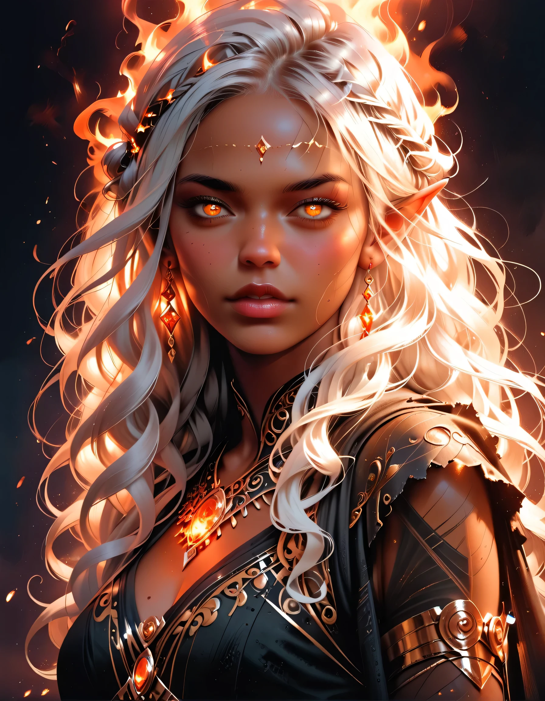 a portrait of a female dark elf, black skin, white hair, long hair, wavy hair, flowing hair, sparkling fiery eyes, there are jewelry in her hair. best quality, 16k, ultra detailed, masterpiece, best quality, (extremely detailed), dynamic angle, ultra wide shot, photorealistic, RAW, fantasy art, dnd art,fantasy art, realistic art