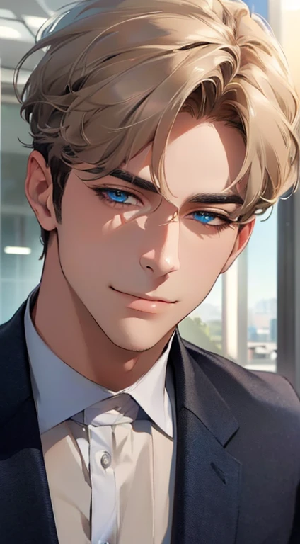 (best quality,4k,8k,highres,masterpiece:1.2),ultra-detailed,(realistic,photorealistic,photo-realistic:1.37),1 man,3,mature man,very handsome,without expression,smile,short grey golden hair,blue eyes,penetrating gaze,perfect face without errors,imposing posture,businessman,office background,cinematic lighting,hdr image